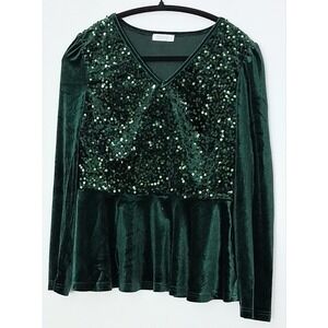 Dress Tells Top Women's Size Medium Green Velvet Sequin Long Sleeve Pre-owned